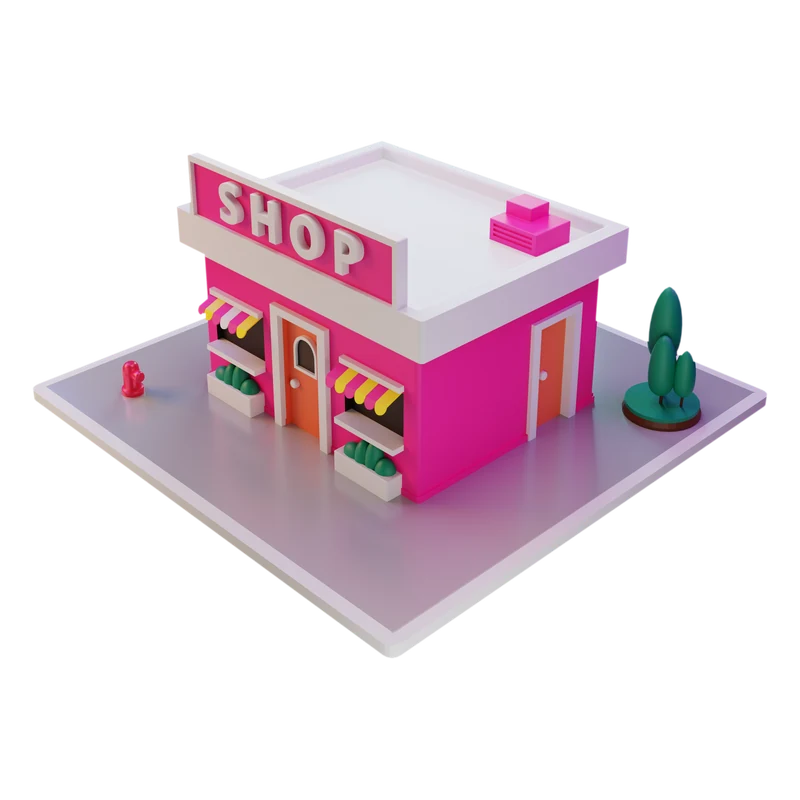 A small shop with a sign and striped awnings.